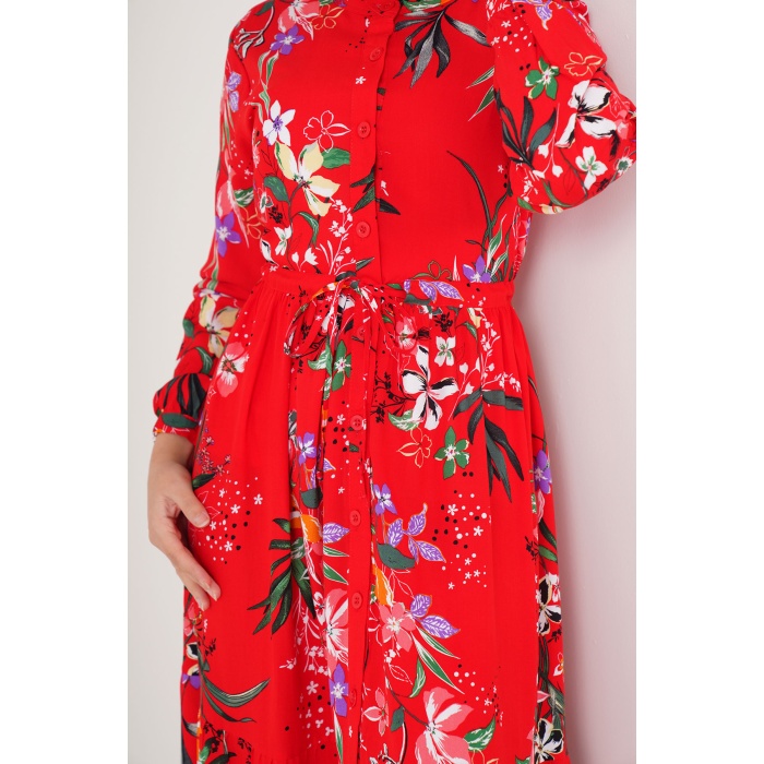 2144 Hakim Yaka Tesettür Elbise - A.Kırmızı