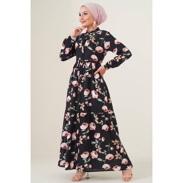 2144 Hakim Yaka Tesettür Elbise - E.Siyah