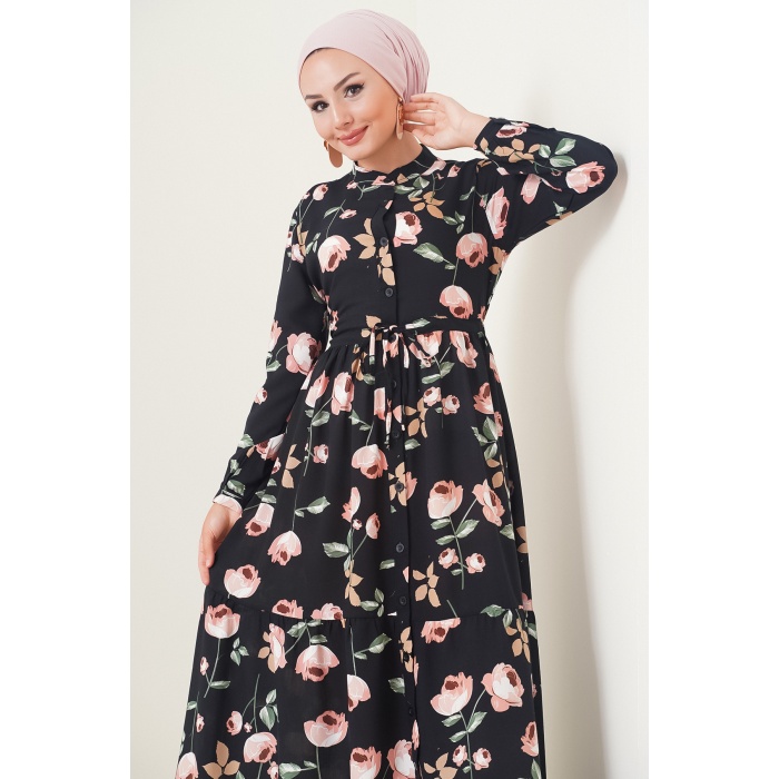 2144 Hakim Yaka Tesettür Elbise - E.Siyah