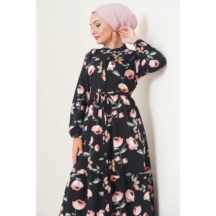 2144 Hakim Yaka Tesettür Elbise - E.Siyah