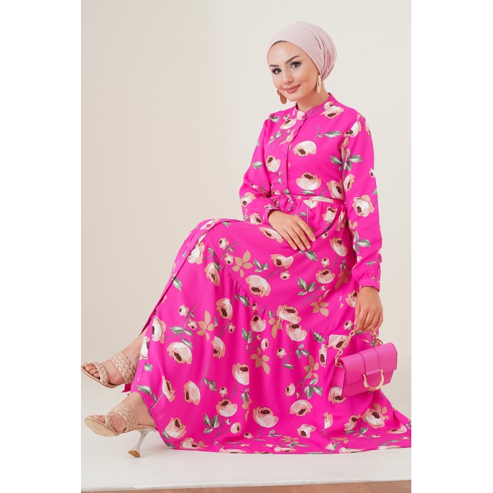 2144 Hakim Yaka Tesettür Elbise - A.Fuşya