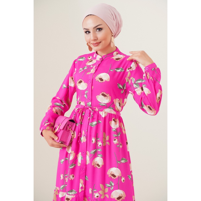 2144 Hakim Yaka Tesettür Elbise - A.Fuşya
