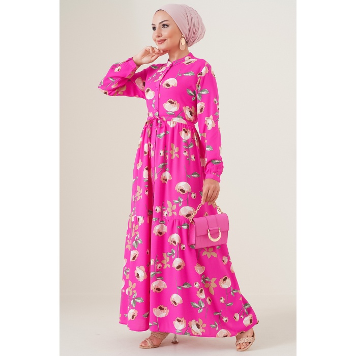 2144 Hakim Yaka Tesettür Elbise - A.Fuşya