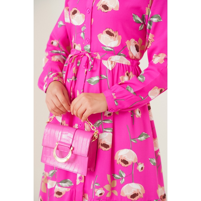 2144 Hakim Yaka Tesettür Elbise - A.Fuşya