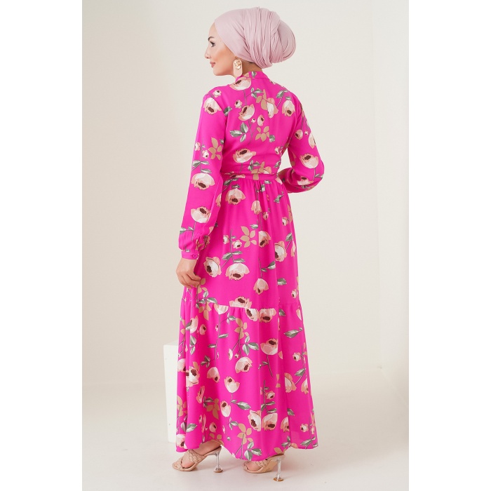 2144 Hakim Yaka Tesettür Elbise - A.Fuşya