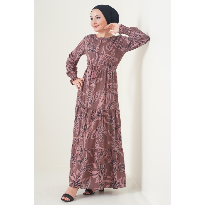 2145 Desenli Tesettür Elbise - Kahverengi