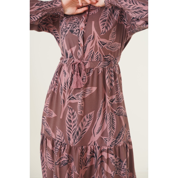 2145 Desenli Tesettür Elbise - Kahverengi