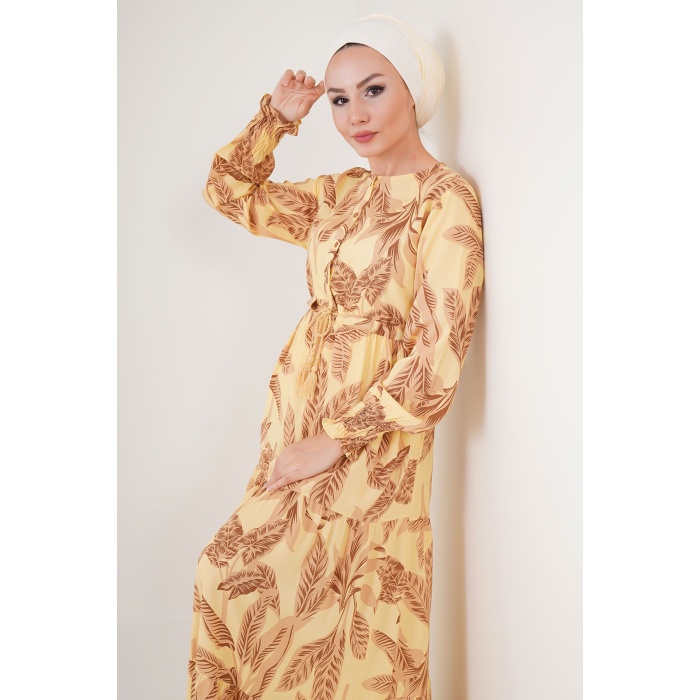 2145 Desenli Tesettür Elbise - Sarı