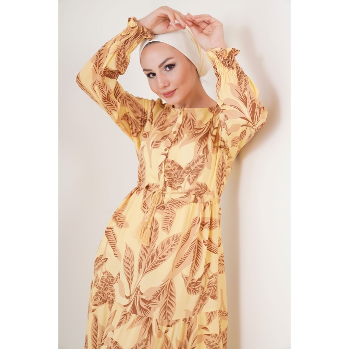 2145 Desenli Tesettür Elbise - Sarı