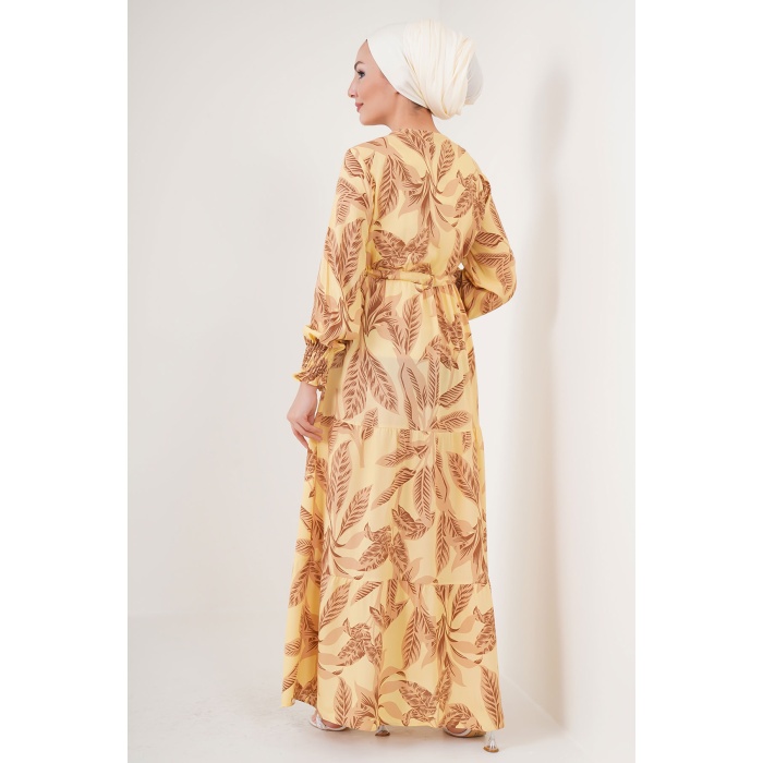 2145 Desenli Tesettür Elbise - Sarı