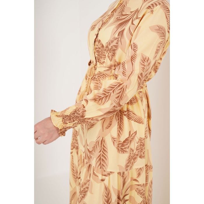 2145 Desenli Tesettür Elbise - Sarı