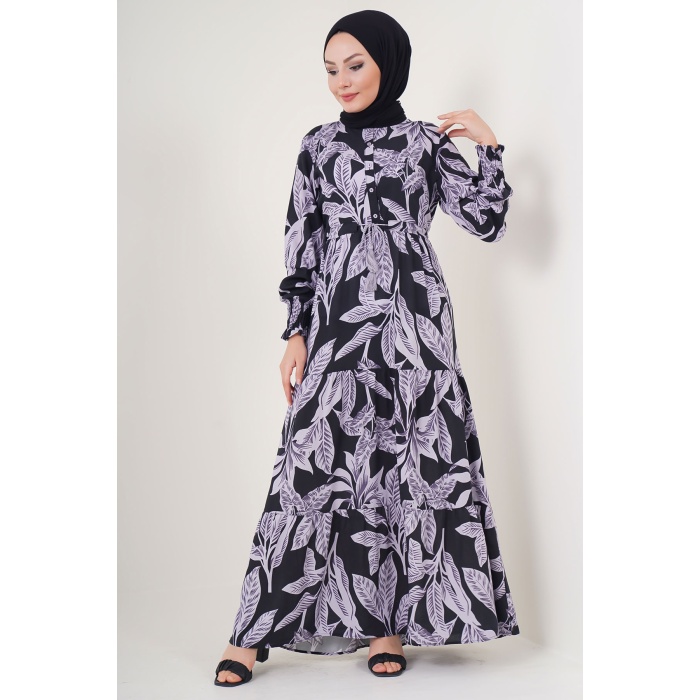 2145 Desenli Tesettür Elbise - D. Siyah