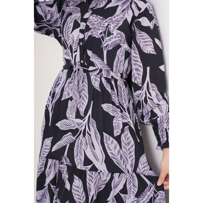 2145 Desenli Tesettür Elbise - D. Siyah