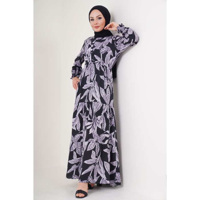 2145 Desenli Tesettür Elbise - D. Siyah