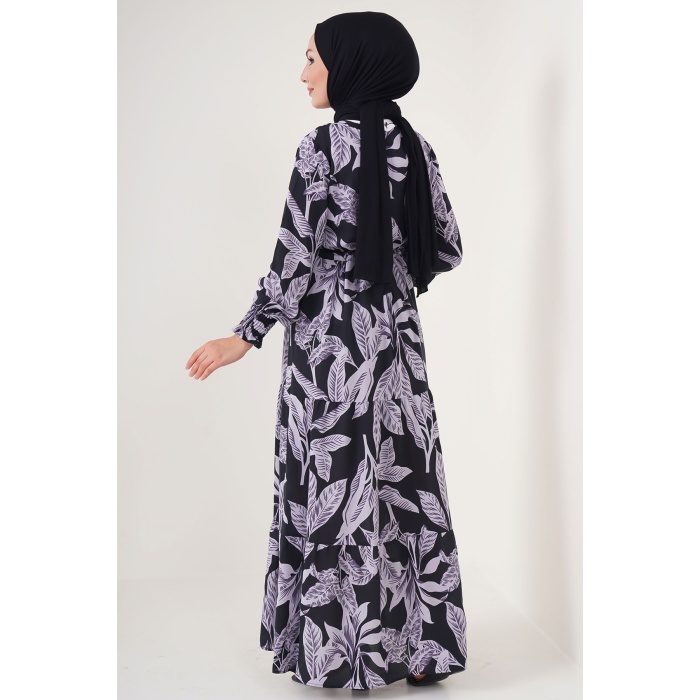 2145 Desenli Tesettür Elbise - D. Siyah