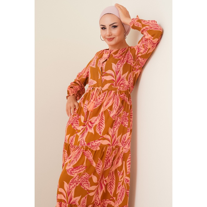 2145 Desenli Tesettür Elbise - Taba