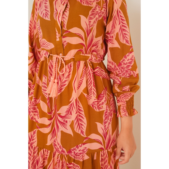 2145 Desenli Tesettür Elbise - Taba