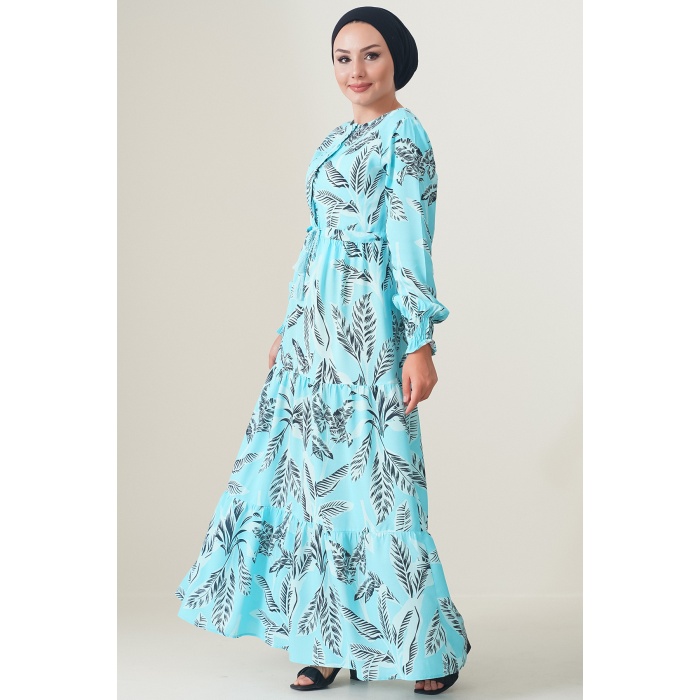 2145 Desenli Tesettür Elbise - Turkuaz