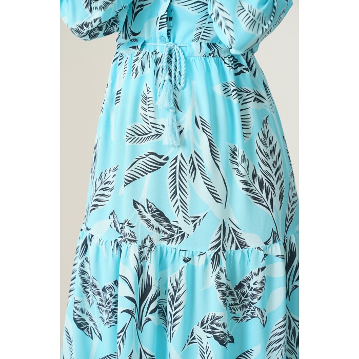 2145 Desenli Tesettür Elbise - Turkuaz