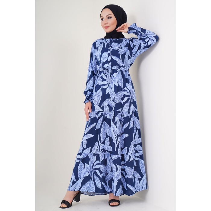 2145 Desenli Tesettür Elbise - A.Lacivert