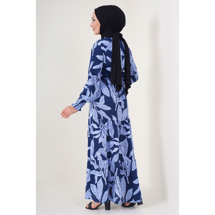 2145 Desenli Tesettür Elbise - A.Lacivert