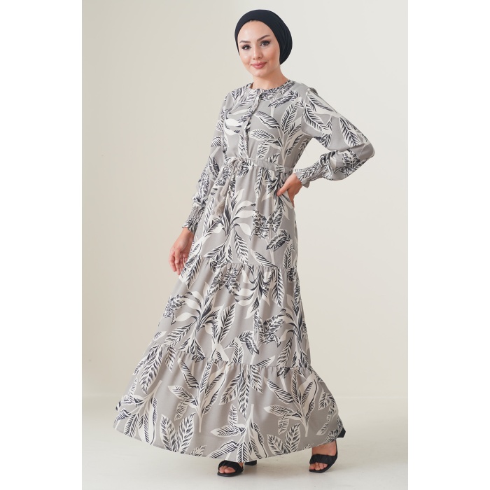 2145 Desenli Tesettür Elbise - Taş