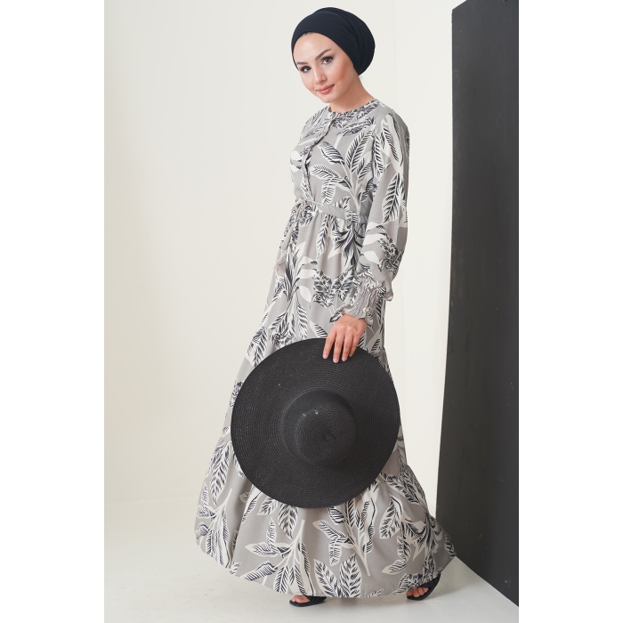 2145 Desenli Tesettür Elbise - Taş