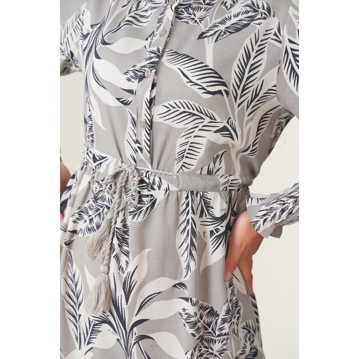 2145 Desenli Tesettür Elbise - Taş