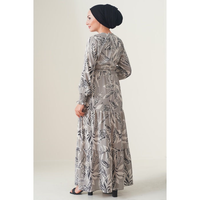 2145 Desenli Tesettür Elbise - Taş