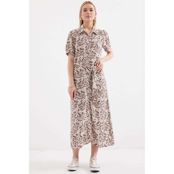 2213 Kısa Kol Viskon Elbise - Kahverengi