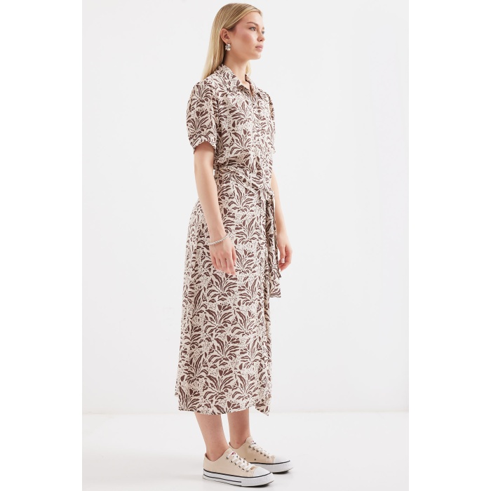 2213 Kısa Kol Viskon Elbise - Kahverengi