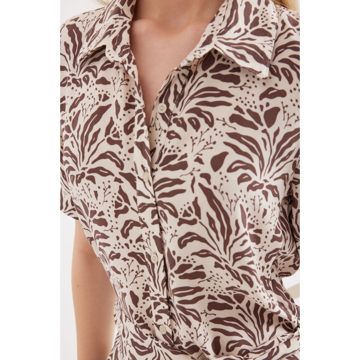 2213 Kısa Kol Viskon Elbise - Kahverengi