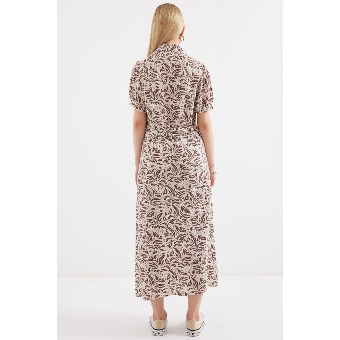 2213 Kısa Kol Viskon Elbise - Kahverengi