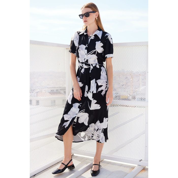 2213 Kısa Kol Viskon Elbise - D. Siyah