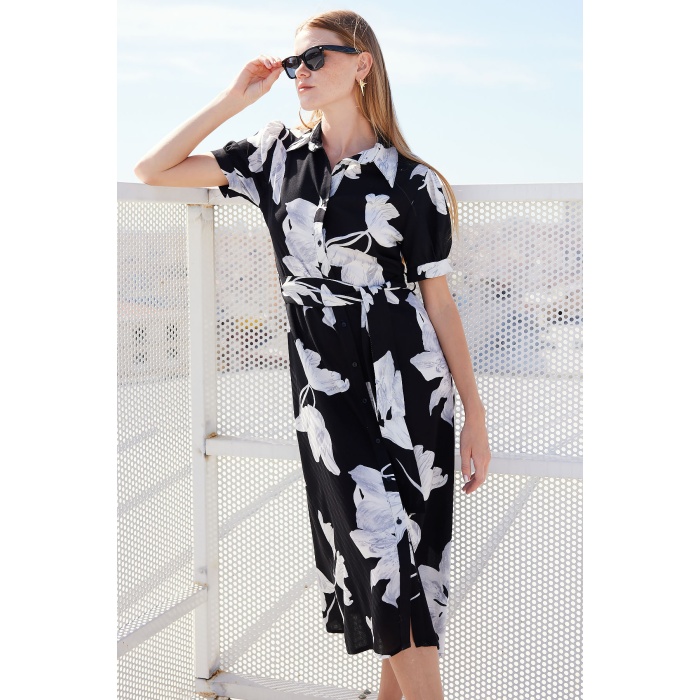 2213 Kısa Kol Viskon Elbise - D. Siyah