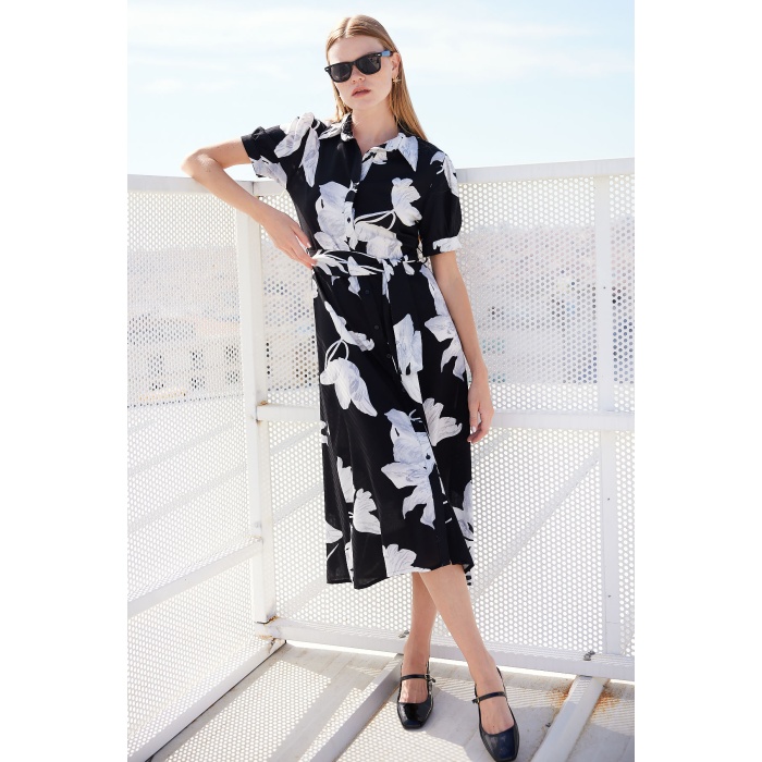 2213 Kısa Kol Viskon Elbise - D. Siyah