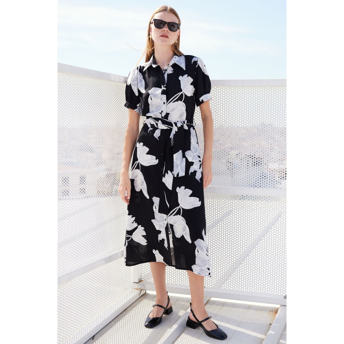 2213 Kısa Kol Viskon Elbise - D. Siyah