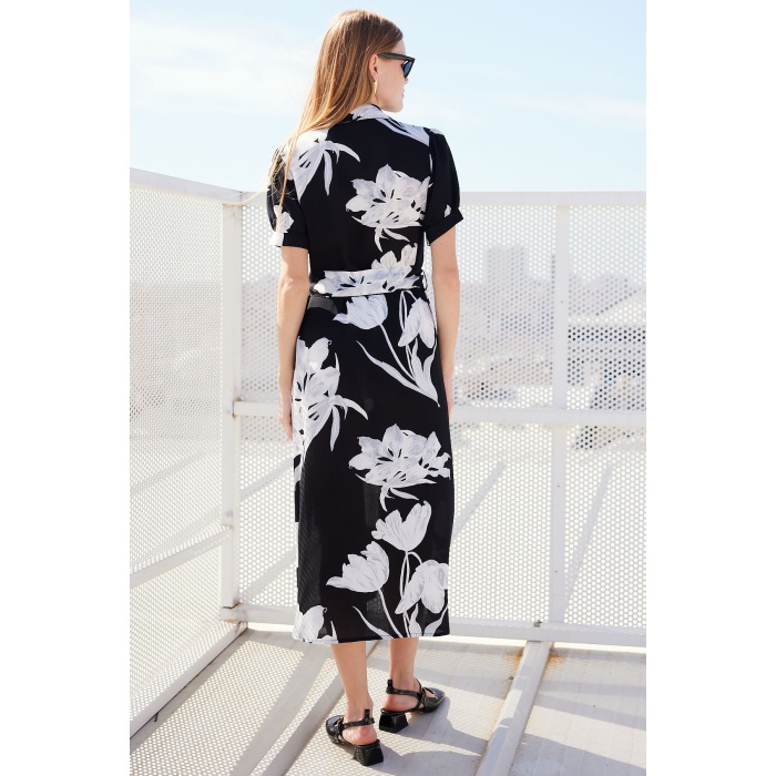 2213 Kısa Kol Viskon Elbise - D. Siyah