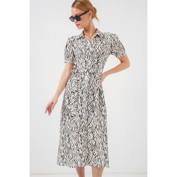 2213 Kısa Kol Viskon Elbise - C.Beyaz