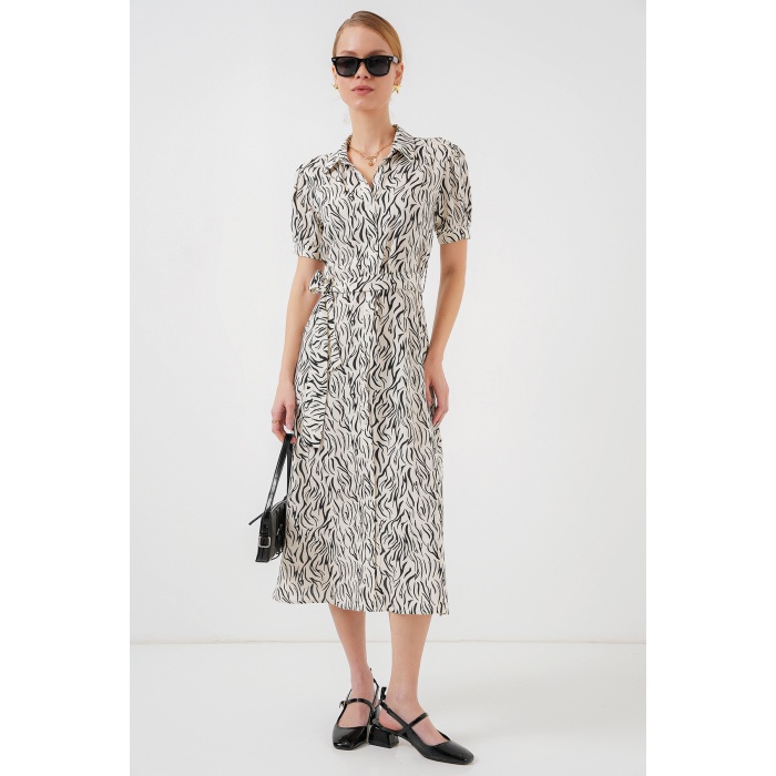 2213 Kısa Kol Viskon Elbise - C.Beyaz