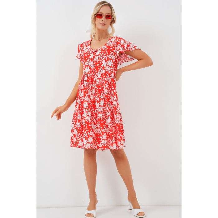 2352 V Yaka Kısa Elbise - Kırmızı
