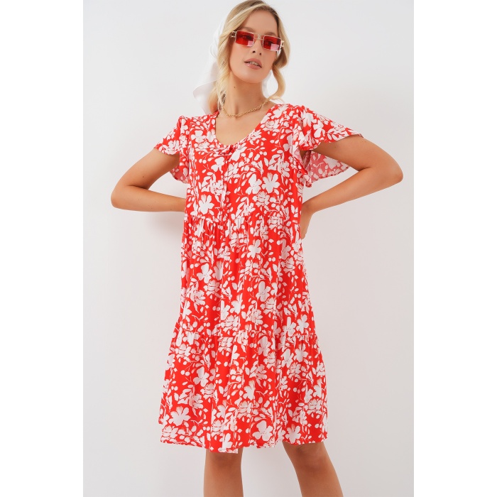 2352 V Yaka Kısa Elbise - Kırmızı