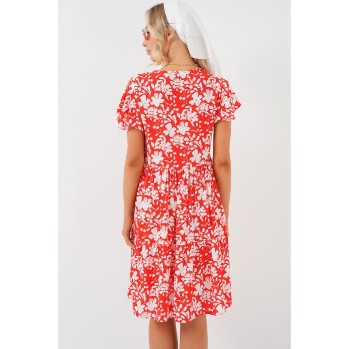 2352 V Yaka Kısa Elbise - Kırmızı