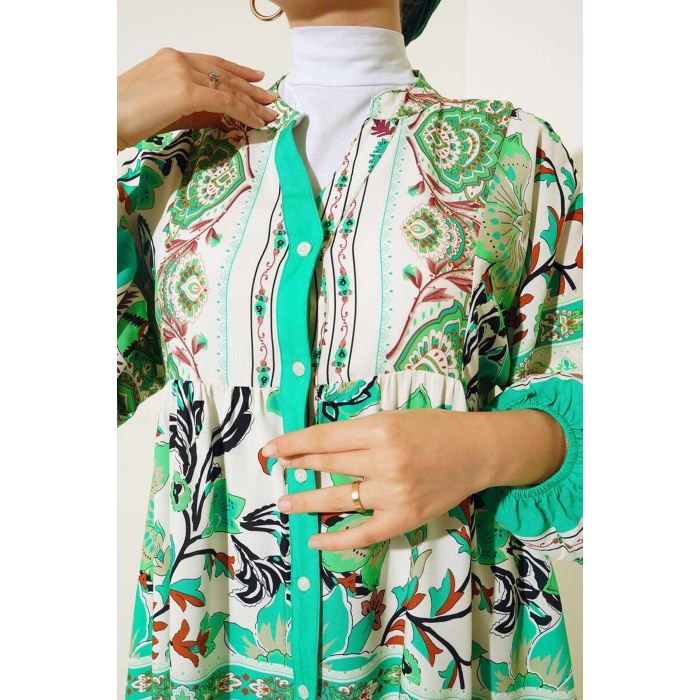 2423 Otantik Desenli Tesettür Elbise - Yeşil