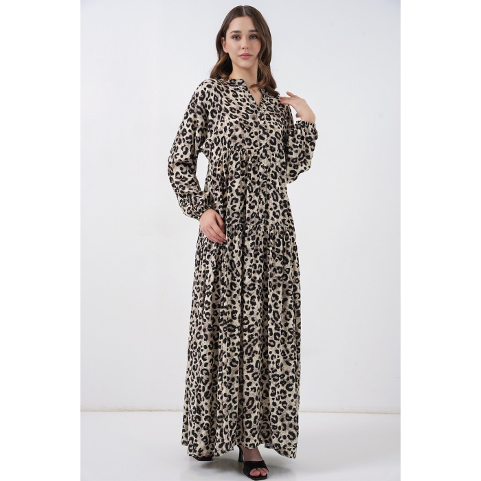 Kadın Bej Siyah Viskon Tesettür Elbise 2423