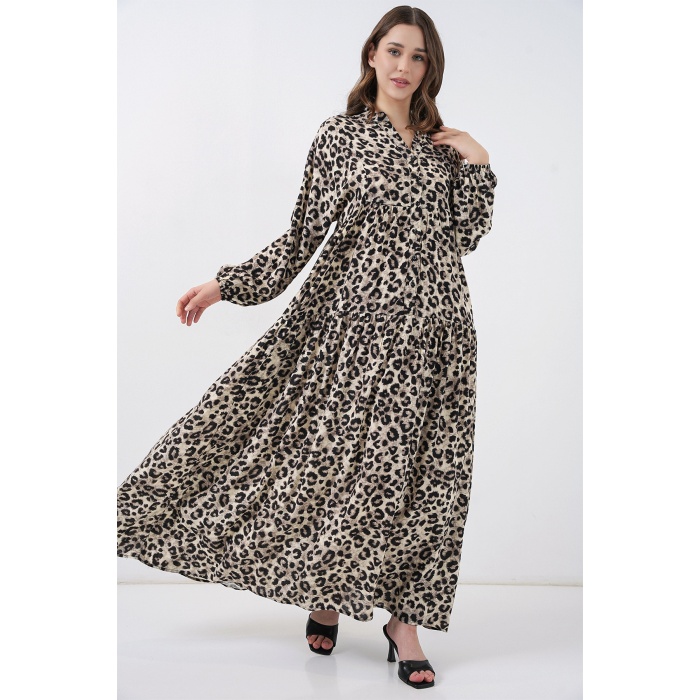 Kadın Bej Siyah Viskon Tesettür Elbise 2423