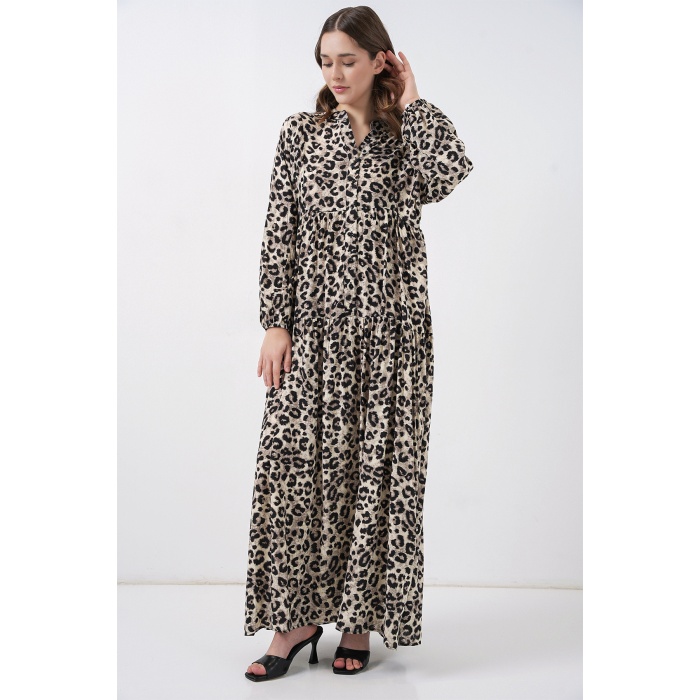 Kadın Bej Siyah Viskon Tesettür Elbise 2423