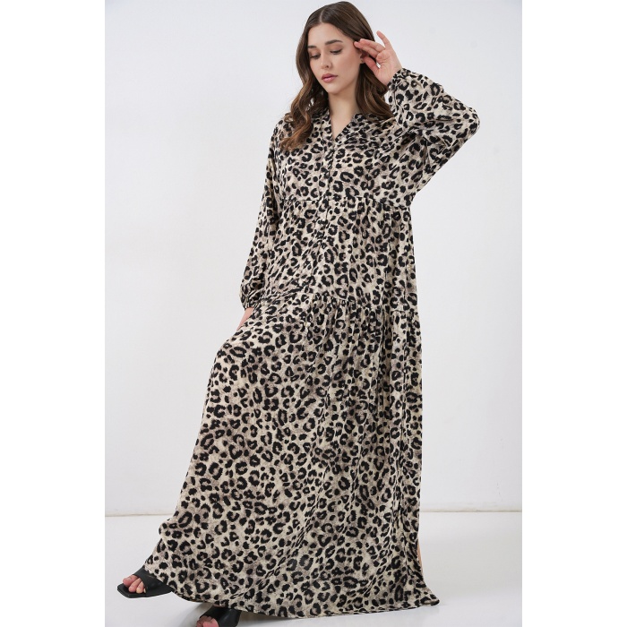 Kadın Bej Siyah Viskon Tesettür Elbise 2423