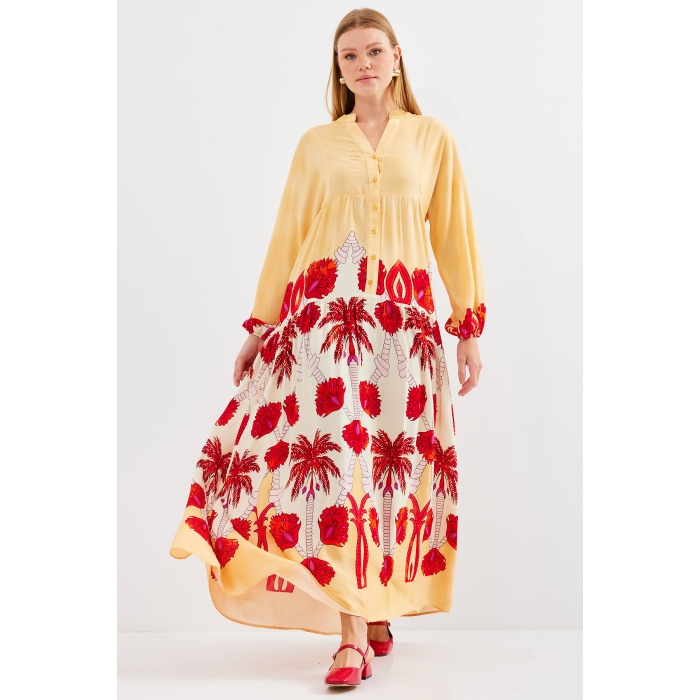 Kadın Sarı Kırmızı Viskon Tesettür Elbise 2423