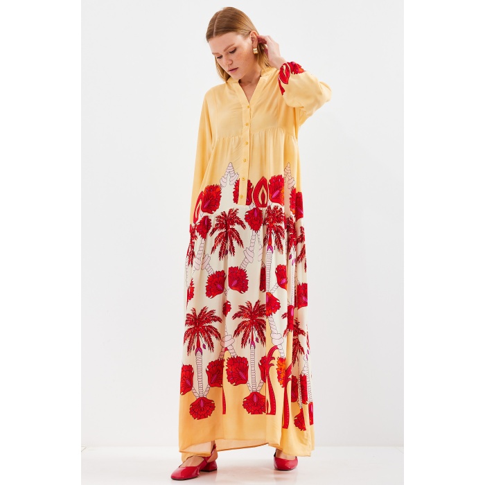 Kadın Sarı Kırmızı Viskon Tesettür Elbise 2423